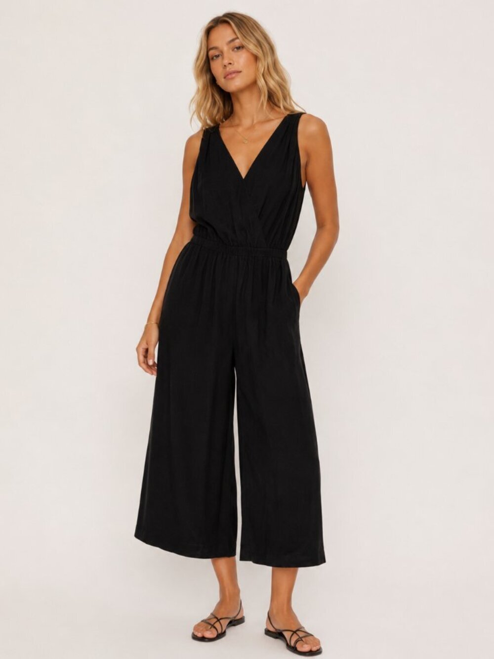 Madewell Black Women's V-Neck Wide Leg Capri Jumpsuit Size XXS 54886